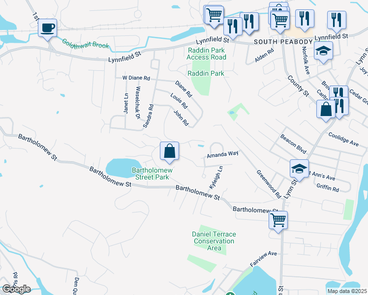 map of restaurants, bars, coffee shops, grocery stores, and more near 23 Tara Road in Peabody