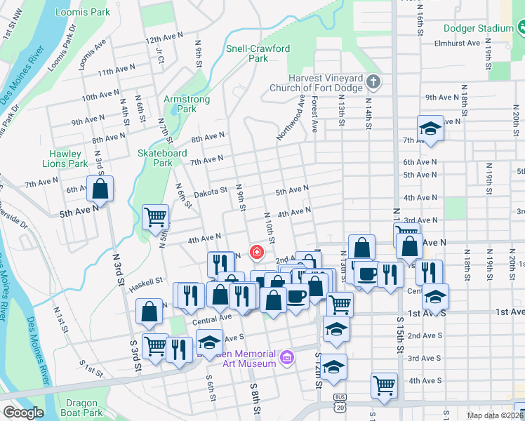 map of restaurants, bars, coffee shops, grocery stores, and more near 915 5th Avenue North in Fort Dodge