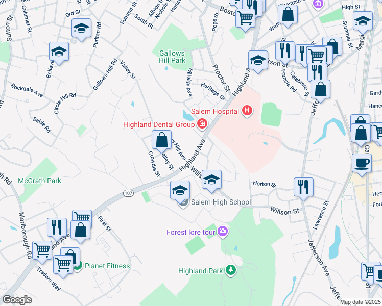 map of restaurants, bars, coffee shops, grocery stores, and more near 116 Highland Avenue in Salem