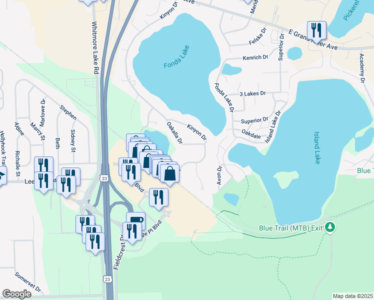 map of restaurants, bars, coffee shops, grocery stores, and more near 6340 Oakalla Drive in Brighton