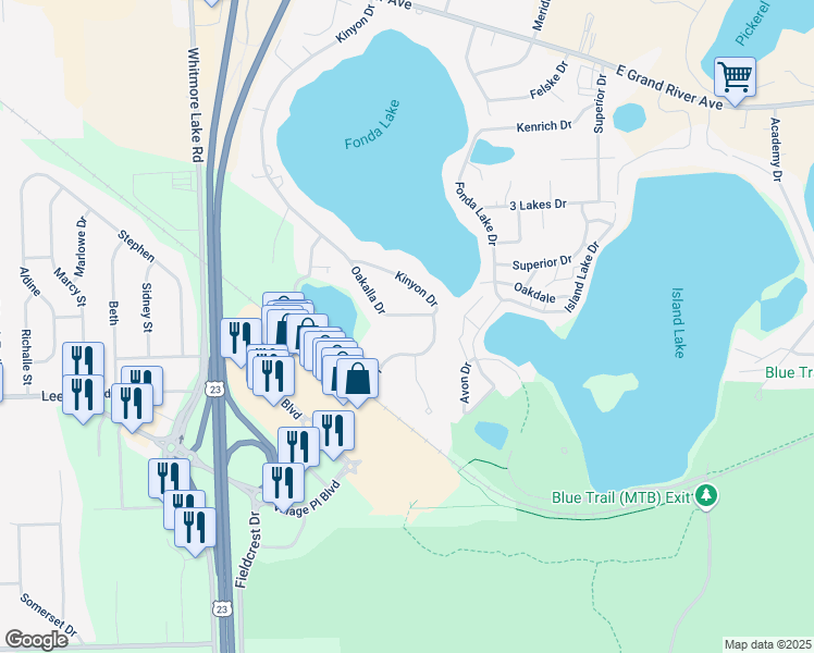 map of restaurants, bars, coffee shops, grocery stores, and more near 6340 Oakalla Drive in Brighton