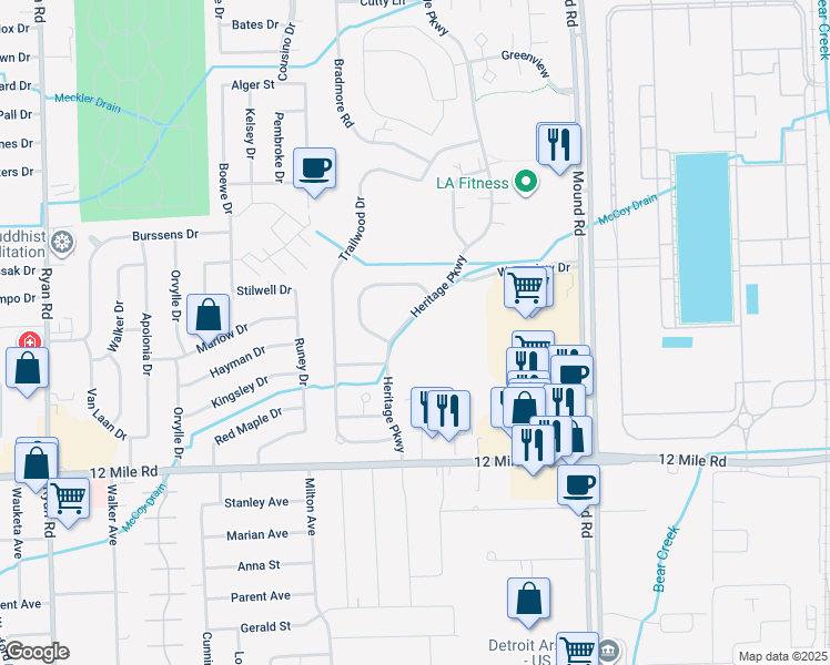 map of restaurants, bars, coffee shops, grocery stores, and more near 29250 Heritage Parkway in Warren