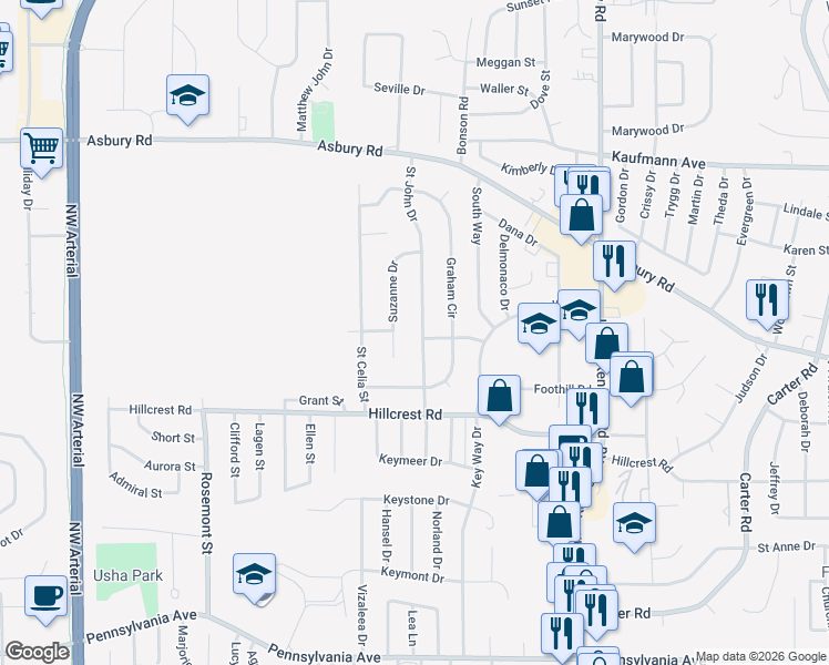 map of restaurants, bars, coffee shops, grocery stores, and more near 2187 Saint John Drive in Dubuque
