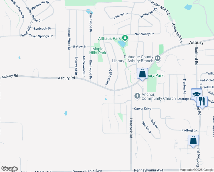 map of restaurants, bars, coffee shops, grocery stores, and more near 2308 White Tail Drive in Asbury
