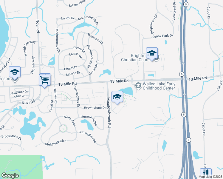 map of restaurants, bars, coffee shops, grocery stores, and more near 29420 Meadowbrook Road in Novi