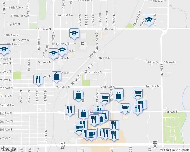 map of restaurants, bars, coffee shops, grocery stores, and more near 312 North 27th Street in Fort Dodge