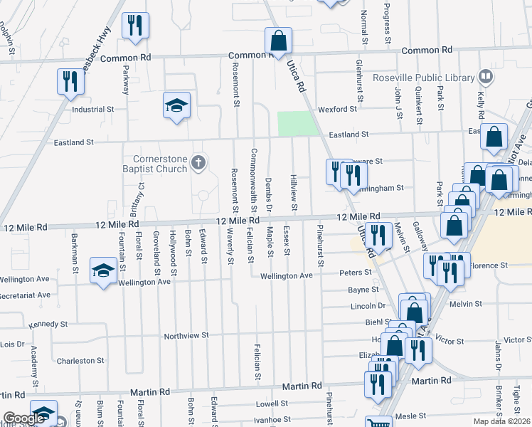 map of restaurants, bars, coffee shops, grocery stores, and more near 29034 Dembs Drive in Roseville
