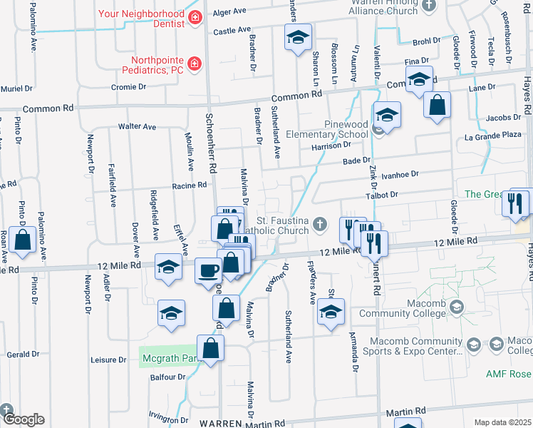 map of restaurants, bars, coffee shops, grocery stores, and more near 13809 Harrington Drive in Warren