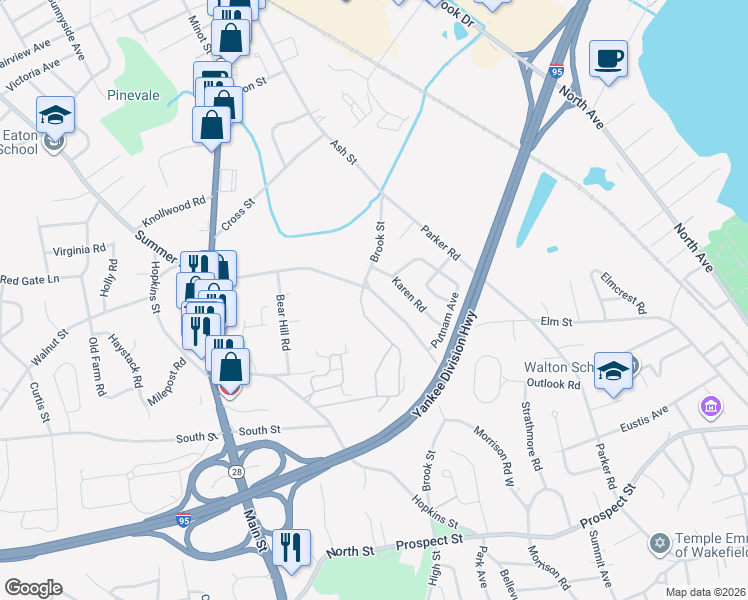map of restaurants, bars, coffee shops, grocery stores, and more near 615 Redfield Road in Wakefield