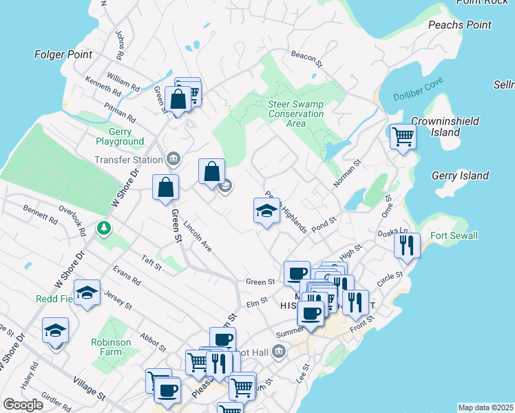 map of restaurants, bars, coffee shops, grocery stores, and more near 23 Intrepid Circle in Marblehead