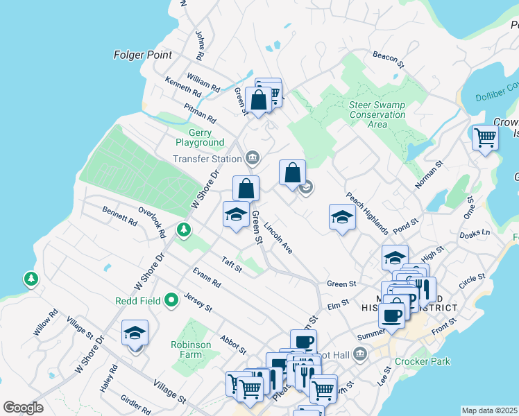 map of restaurants, bars, coffee shops, grocery stores, and more near 111 Green Street in Marblehead