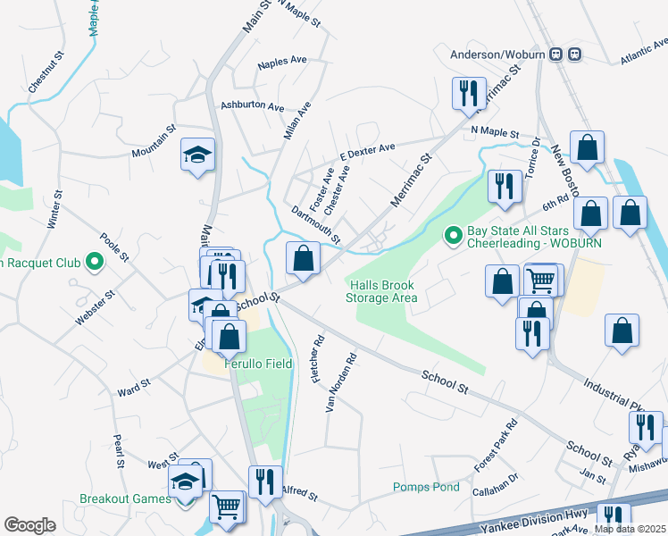 map of restaurants, bars, coffee shops, grocery stores, and more near 25 Merrimac Street in Woburn