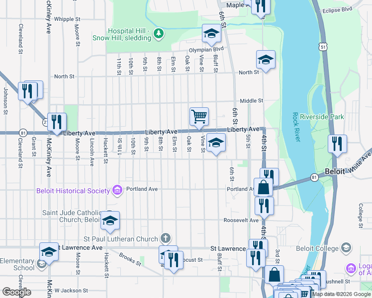 map of restaurants, bars, coffee shops, grocery stores, and more near 1030 Oak Street in Beloit