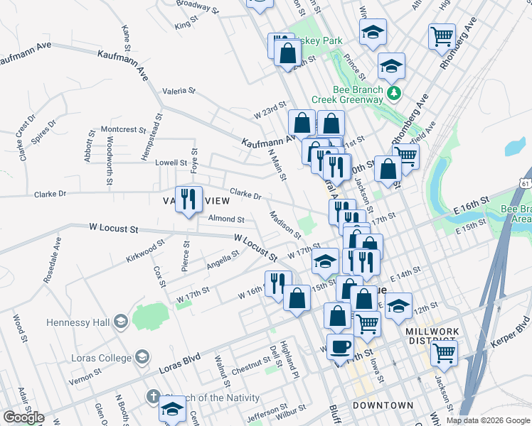 map of restaurants, bars, coffee shops, grocery stores, and more near 1951 Madison Street in Dubuque