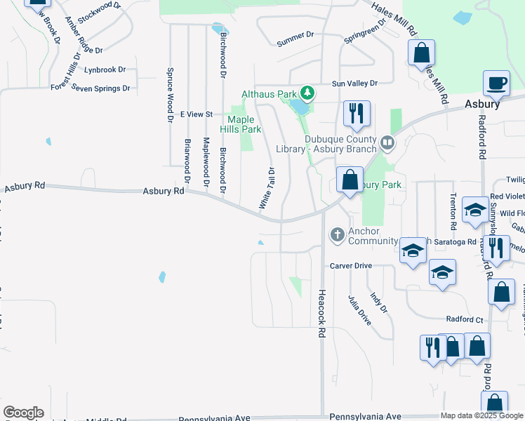 map of restaurants, bars, coffee shops, grocery stores, and more near 2308 White Tail Drive in Asbury