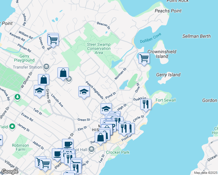 map of restaurants, bars, coffee shops, grocery stores, and more near 15 Hines Court in Marblehead