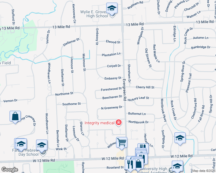 map of restaurants, bars, coffee shops, grocery stores, and more near 20176 Forestwood Street in Southfield