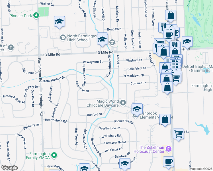 map of restaurants, bars, coffee shops, grocery stores, and more near 28856 Ravenwood Street in Farmington Hills