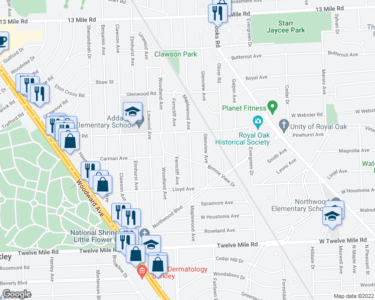 map of restaurants, bars, coffee shops, grocery stores, and more near 2419 Maplewood Avenue in Royal Oak