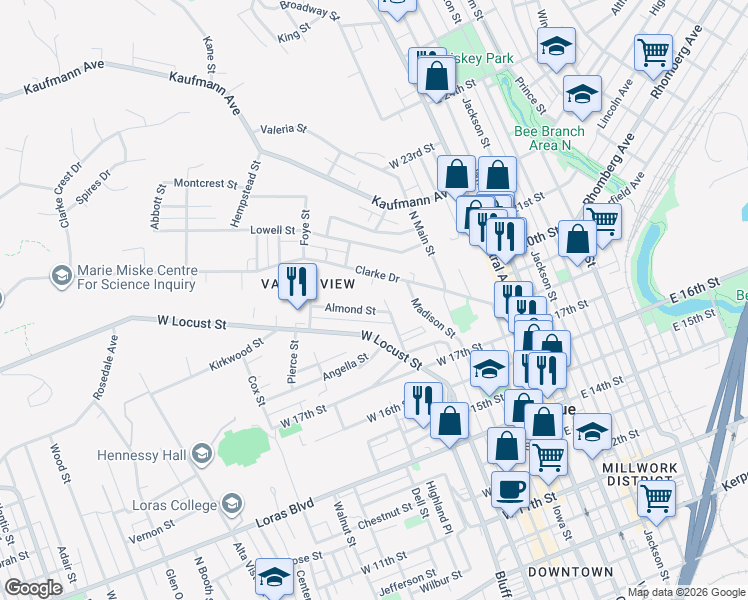 map of restaurants, bars, coffee shops, grocery stores, and more near 437 Almond Street in Dubuque