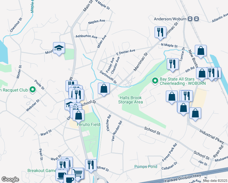 map of restaurants, bars, coffee shops, grocery stores, and more near 25 Merrimac Street in Woburn