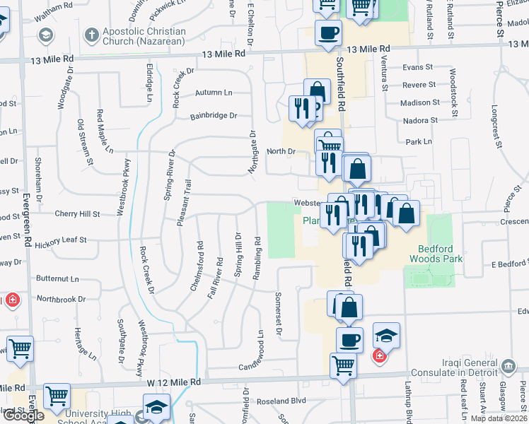 map of restaurants, bars, coffee shops, grocery stores, and more near 29950 Rambling Road in Southfield
