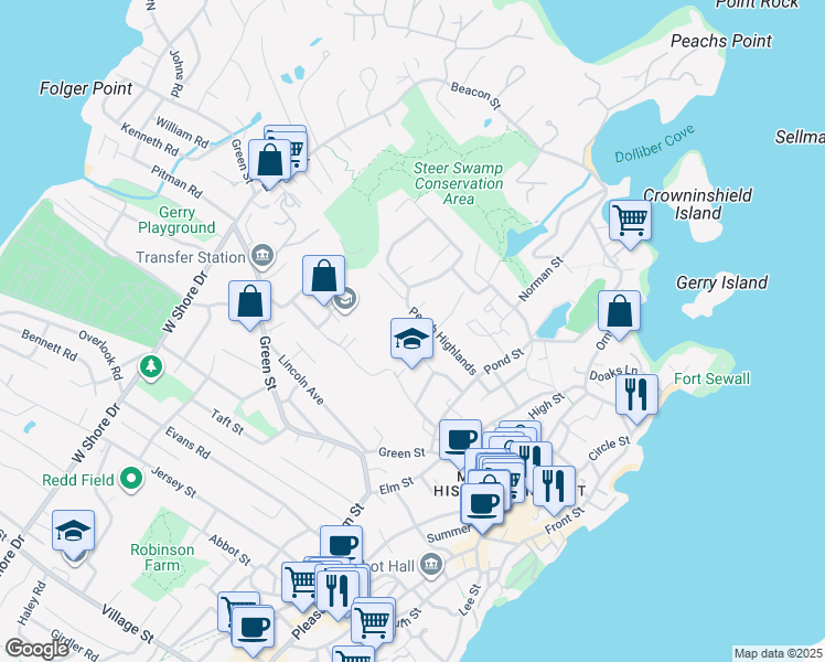 map of restaurants, bars, coffee shops, grocery stores, and more near 55 Intrepid Circle in Marblehead