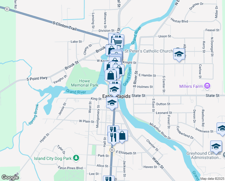 map of restaurants, bars, coffee shops, grocery stores, and more near 300 South Main Street in Eaton Rapids