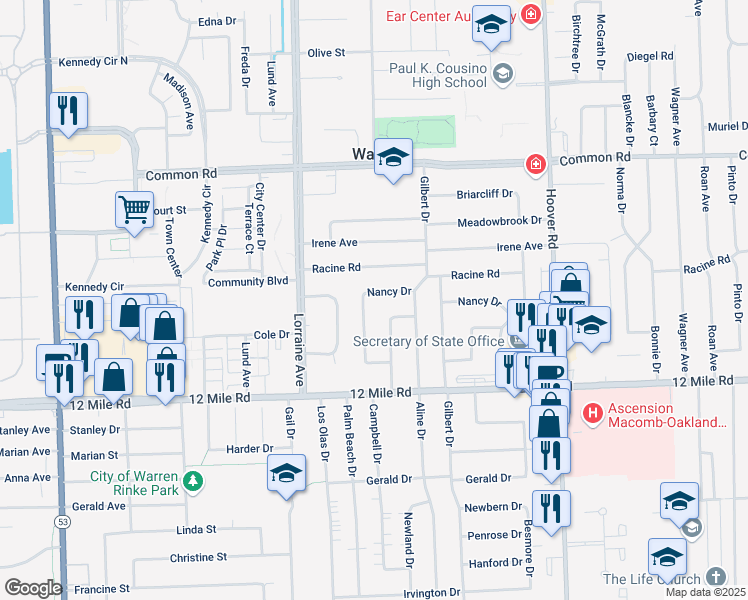 map of restaurants, bars, coffee shops, grocery stores, and more near 29334 Campbell Drive in Warren