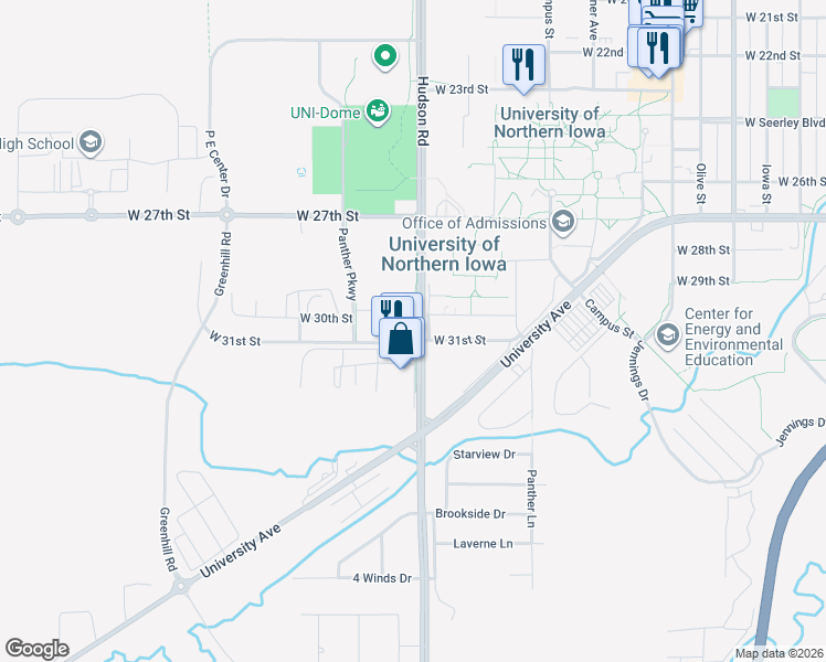 map of restaurants, bars, coffee shops, grocery stores, and more near 1521 West 30th Street in Cedar Falls