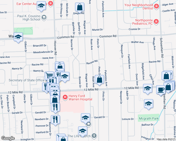 map of restaurants, bars, coffee shops, grocery stores, and more near 29318 Wagner Drive in Warren