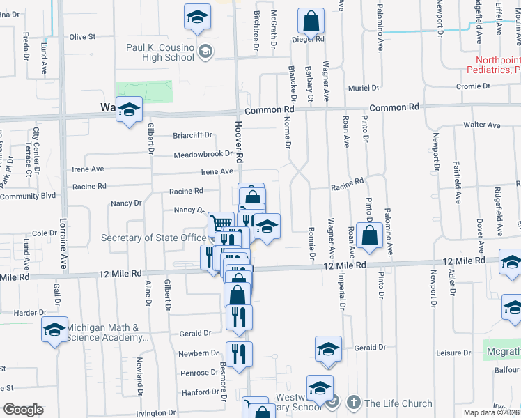 map of restaurants, bars, coffee shops, grocery stores, and more near 29462 Hoover Road in Warren