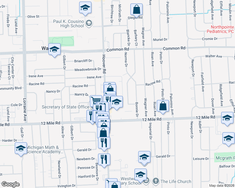 map of restaurants, bars, coffee shops, grocery stores, and more near 29462 Hoover Road in Warren