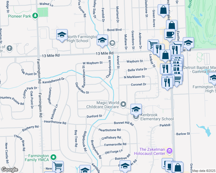 map of restaurants, bars, coffee shops, grocery stores, and more near 28856 Ravenwood Street in Farmington Hills