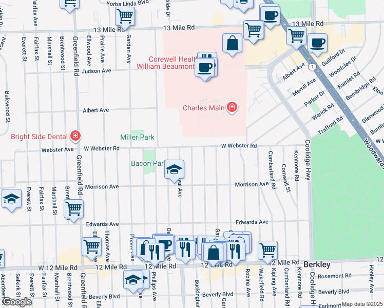 map of restaurants, bars, coffee shops, grocery stores, and more near Buckingham Avenue in Franklin