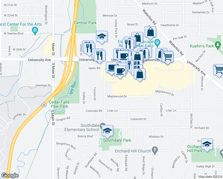 map of restaurants, bars, coffee shops, grocery stores, and more near 3112 Boulder Drive in Cedar Falls