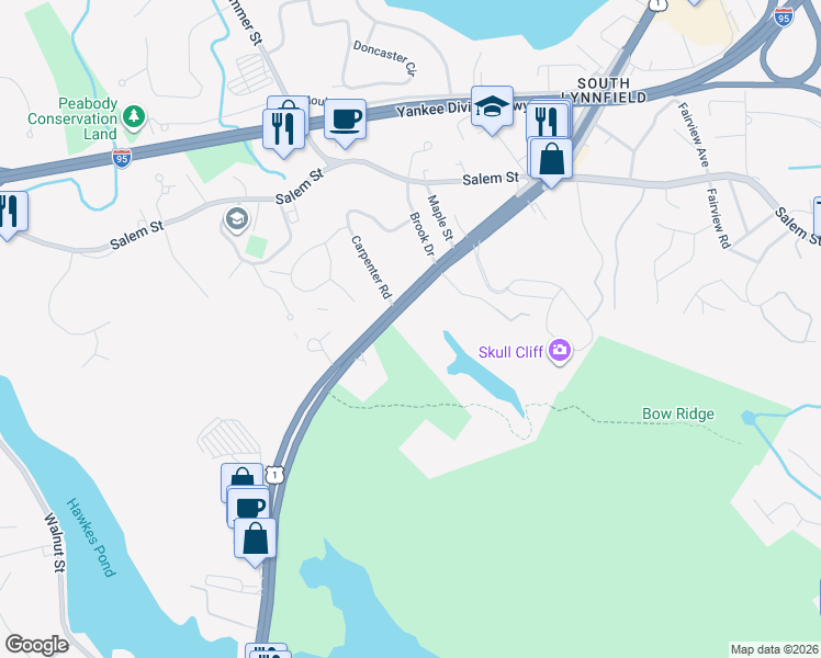 map of restaurants, bars, coffee shops, grocery stores, and more near 275 Broadway in Lynnfield