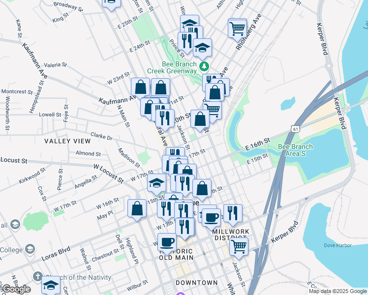 map of restaurants, bars, coffee shops, grocery stores, and more near 1795 Jackson Street in Dubuque
