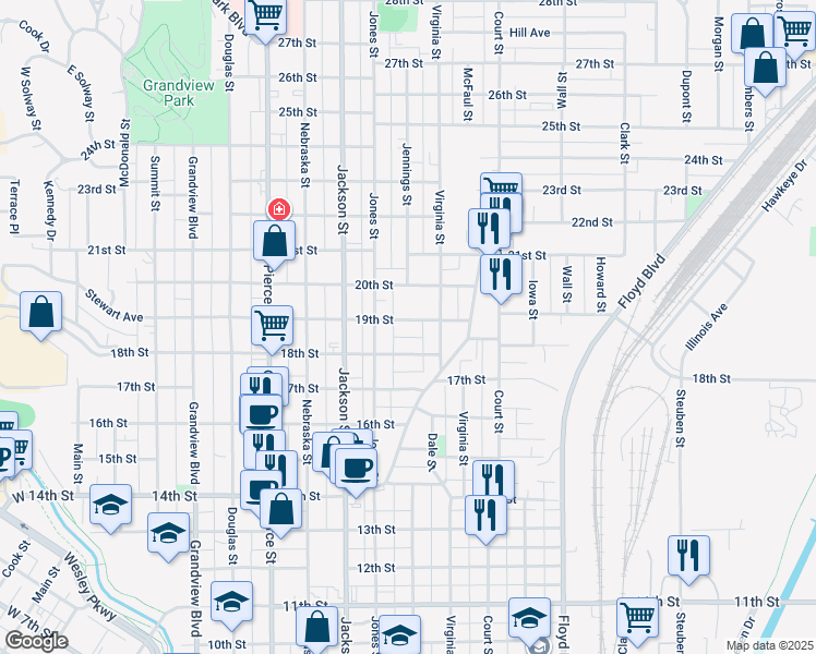 map of restaurants, bars, coffee shops, grocery stores, and more near 872 19th Street in Sioux City