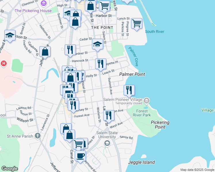 map of restaurants, bars, coffee shops, grocery stores, and more near 18 Bertram Terrace in Salem