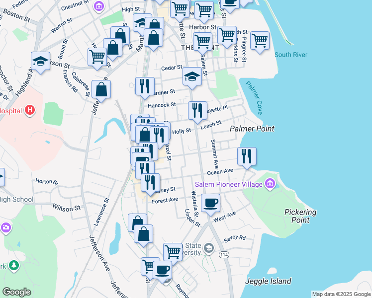 map of restaurants, bars, coffee shops, grocery stores, and more near 9 Linden Street in Salem