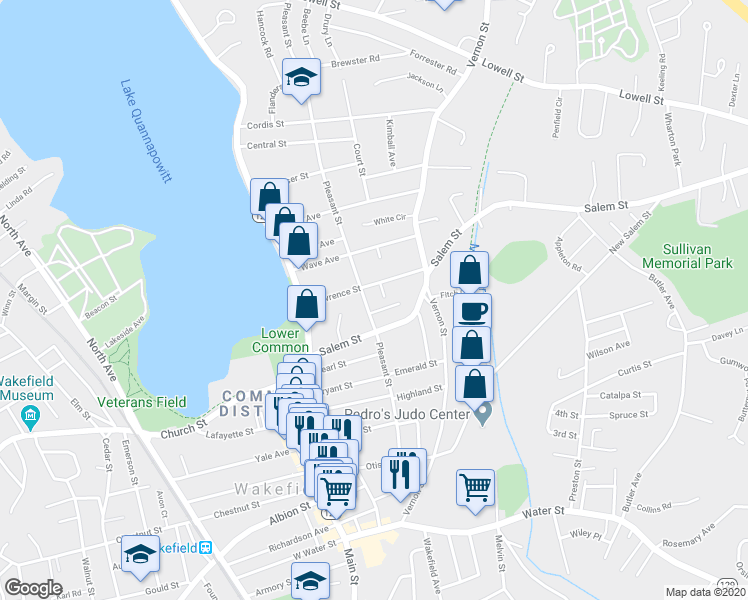 map of restaurants, bars, coffee shops, grocery stores, and more near 74 Pleasant Street in Wakefield