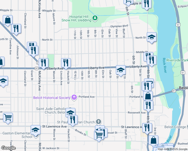 map of restaurants, bars, coffee shops, grocery stores, and more near 1025 9th Street in Beloit