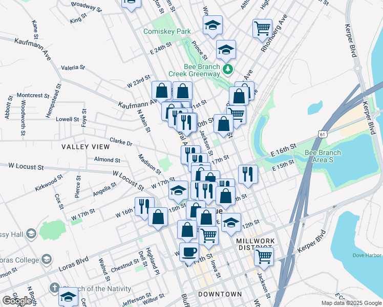 map of restaurants, bars, coffee shops, grocery stores, and more near 1814 Central Avenue in Dubuque