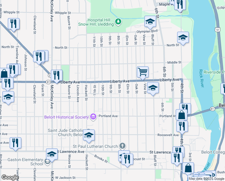 map of restaurants, bars, coffee shops, grocery stores, and more near 1025 9th Street in Beloit