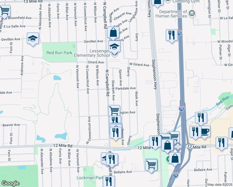 map of restaurants, bars, coffee shops, grocery stores, and more near 29438 Shackett Ave in Madison Heights