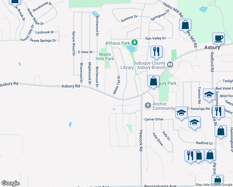 map of restaurants, bars, coffee shops, grocery stores, and more near 2308 White Tail Drive in Asbury