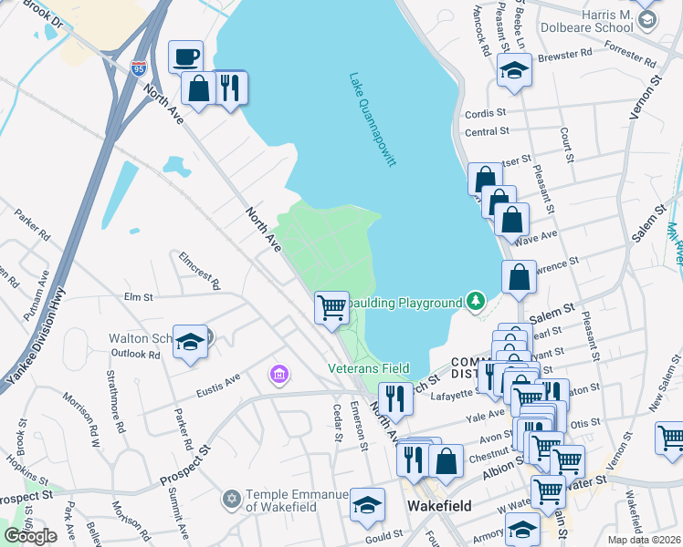 map of restaurants, bars, coffee shops, grocery stores, and more near Beacon Street in Wakefield
