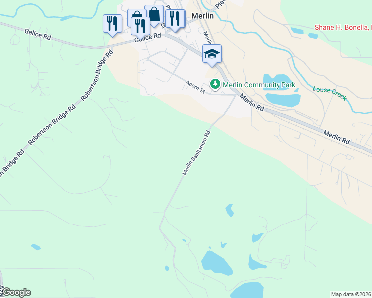 map of restaurants, bars, coffee shops, grocery stores, and more near 605 Merlin Sanitarium Road in Merlin