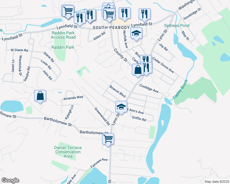map of restaurants, bars, coffee shops, grocery stores, and more near 20 Beacon Boulevard in Peabody